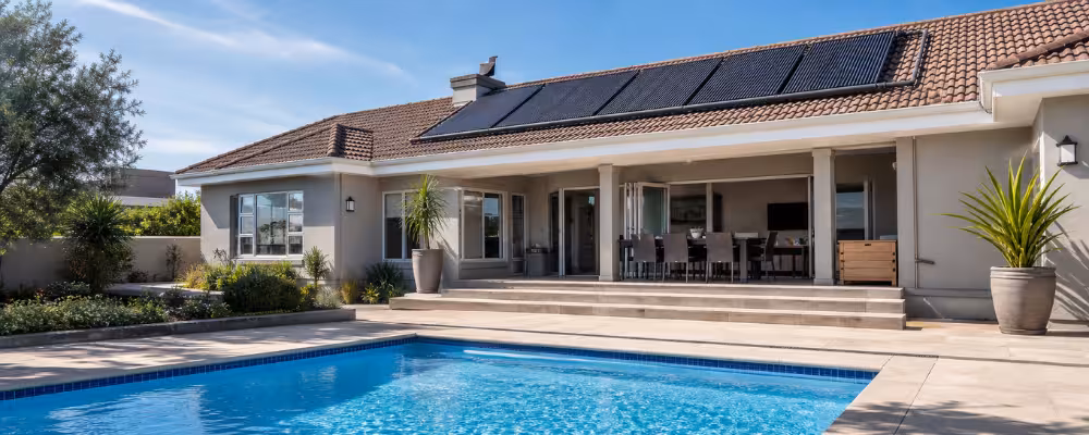 South African home with solar pool heating panels mounted on a north-facing roof and a clear blue pool below.